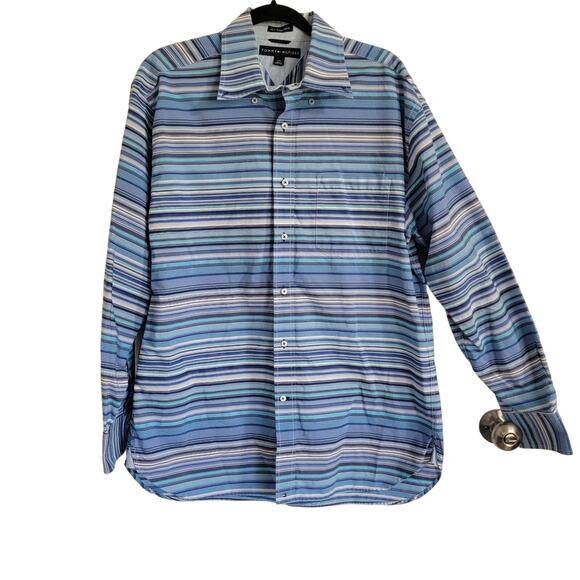 Tommy Hilfiger Men's Shirt Retro Button Down 80's Two Ply  Blue Stripes Sz Large - Picture 1 of 7